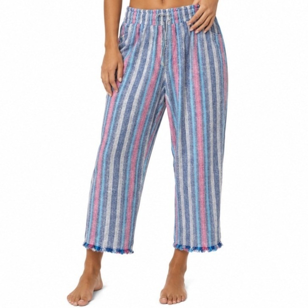 Cato Striped Linen Blend Crop Pants Women 26/28W Blue Pink Summer Draw String